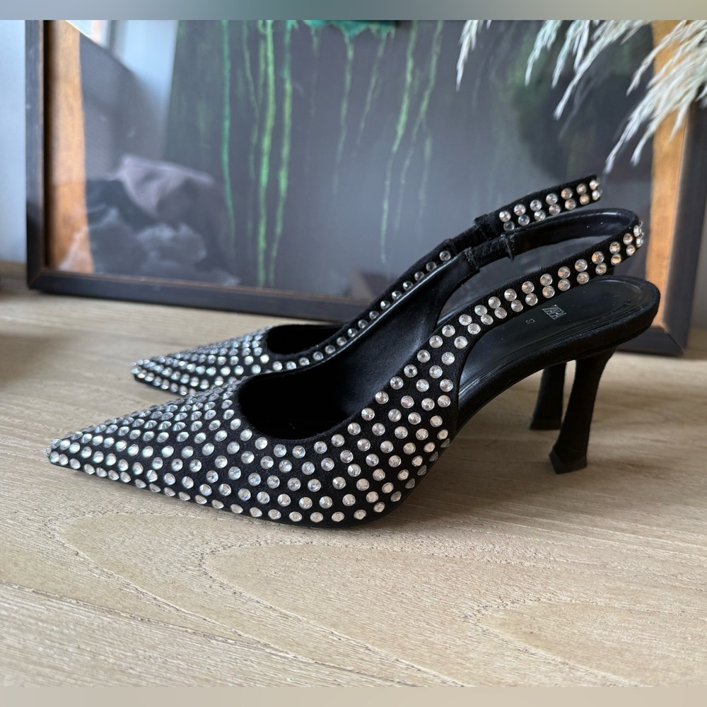 NEW ZARA Slingback Crystal Heels – Size 6.5 / 37, Black w/ Rhinestones